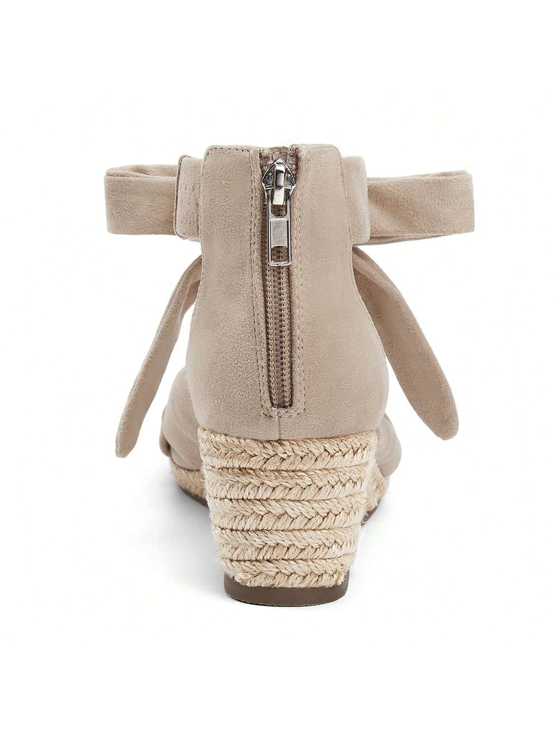 Womens Espadrilles Wedge Sandals Back Zipper Closure Open Toe Platform Ankle Strap Summer Dress Shoes With Bow Christmas Gift & New Year Gift