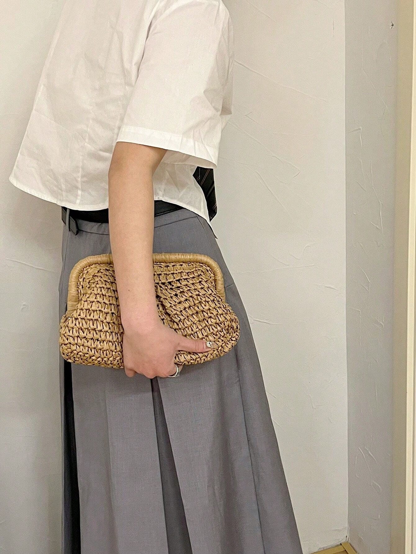 Woven Ruched Clutch Bag, Women Clip Closure Small Handbag For Daily Party Use