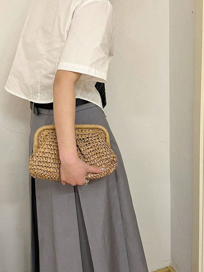 Woven Ruched Clutch Bag, Women Clip Closure Small Handbag For Daily Party Use