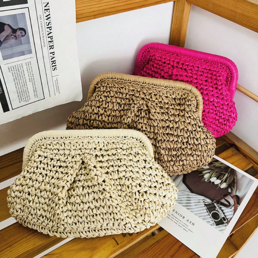Woven Ruched Clutch Bag, Women Clip Closure Small Handbag For Daily Party Use