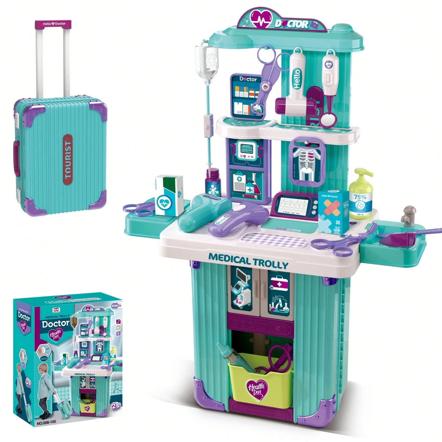 WPOXH Three-In-One Pretend Play Pull-Ahead Travel Bag, Featuring Cosmetic, Kitchen, And Medical Tool Sets. The Push-Pull Design Allows
