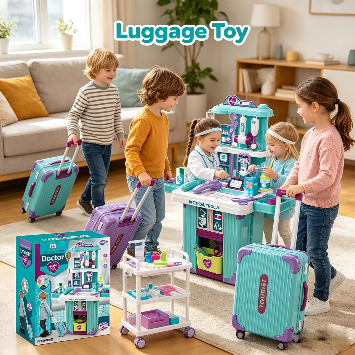 WPOXH Three-In-One Pretend Play Pull-Ahead Travel Bag, Featuring Cosmetic, Kitchen, And Medical Tool Sets. The Push-Pull Design Allows