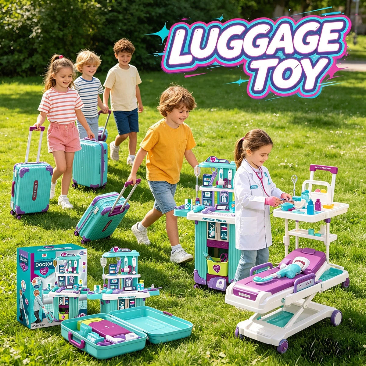 WPOXH Three-In-One Pretend Play Pull-Ahead Travel Bag, Featuring Cosmetic, Kitchen, And Medical Tool Sets. The Push-Pull Design Allows