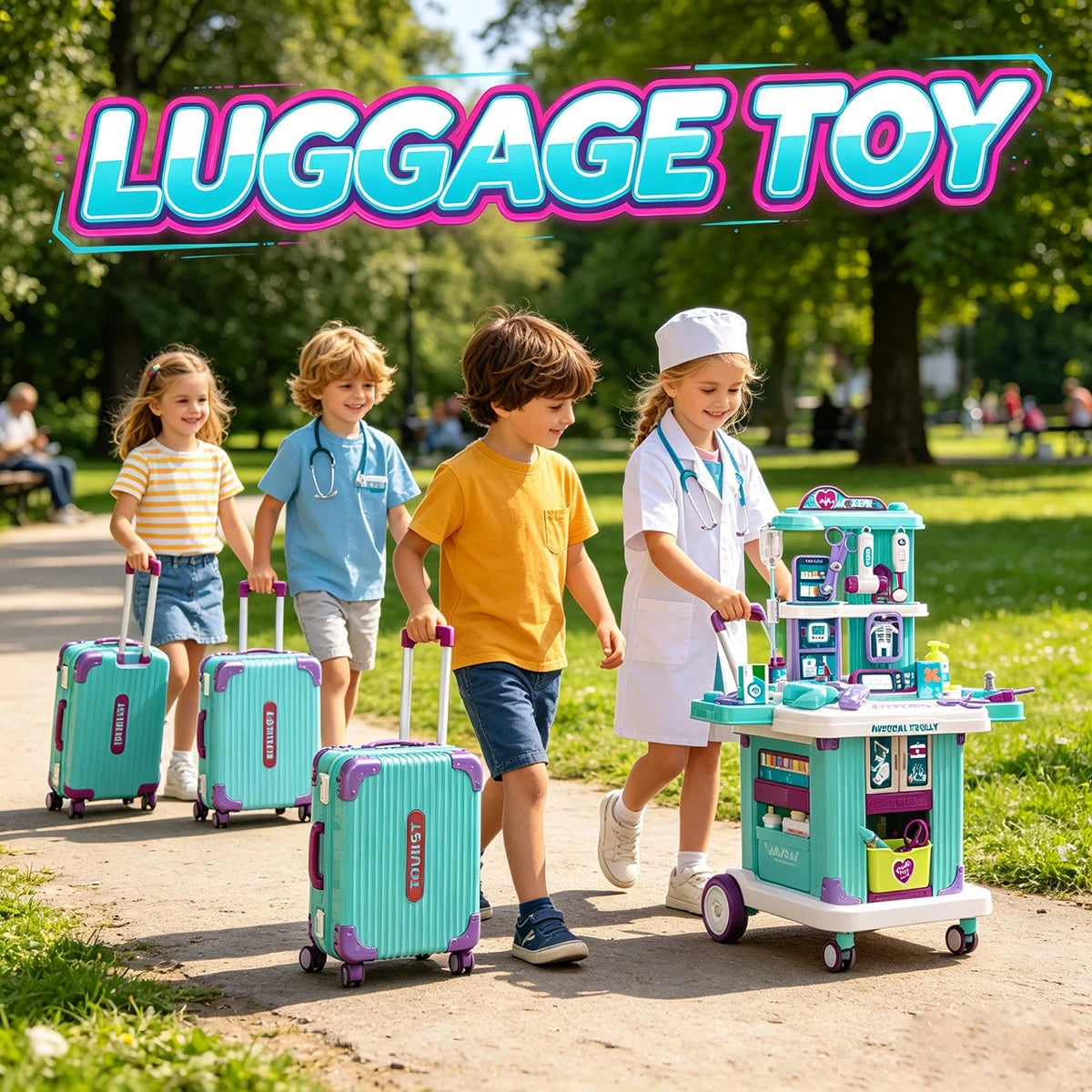 WPOXH Three-In-One Pretend Play Pull-Ahead Travel Bag, Featuring Cosmetic, Kitchen, And Medical Tool Sets. The Push-Pull Design Allows