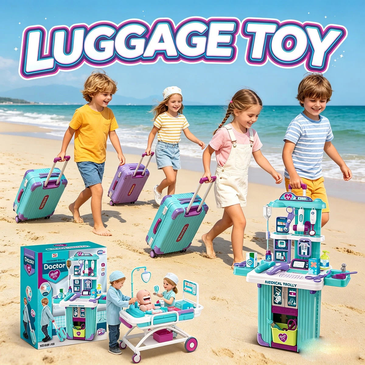 WPOXH Three-In-One Pretend Play Pull-Ahead Travel Bag, Featuring Cosmetic, Kitchen, And Medical Tool Sets. The Push-Pull Design Allows