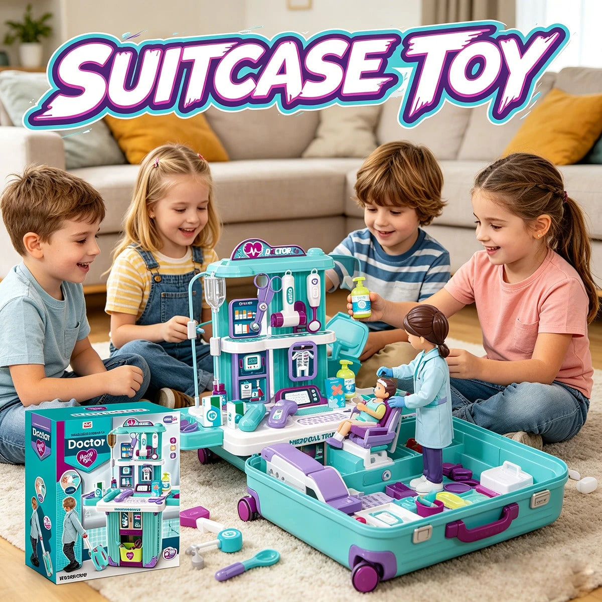 WPOXH Three-In-One Pretend Play Pull-Ahead Travel Bag, Featuring Cosmetic, Kitchen, And Medical Tool Sets. The Push-Pull Design Allows