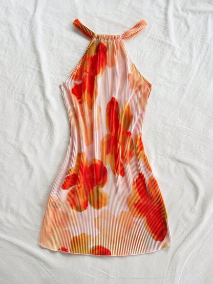 WYWH Floral Ruched Halter Neck Mini Dress For Holiday, Date, Afternoon Tea, Vacation, Music Festival, Boho Style, Spring/Summer No Bra Pads