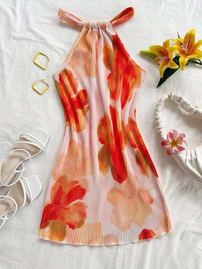 WYWH Floral Ruched Halter Neck Mini Dress For Holiday, Date, Afternoon Tea, Vacation, Music Festival, Boho Style, Spring/Summer No Bra Pads