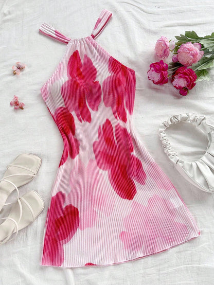 WYWH Floral Ruched Halter Neck Mini Dress For Holiday, Date, Afternoon Tea, Vacation, Music Festival, Boho Style, Spring/Summer No Bra Pads