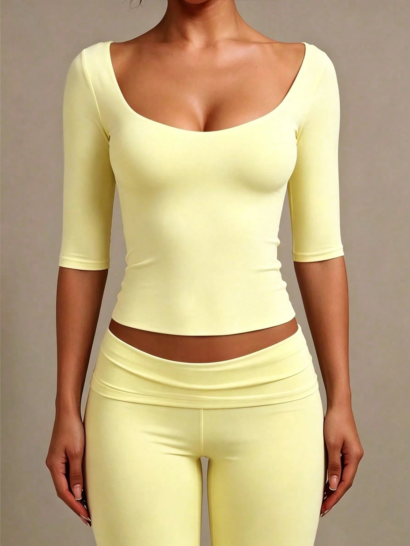 XLLAIS Sexy Sweetheart Neck Yoga Basic High Elasticity Naked Feel Short Sleeve Slim Fit Fitness Yellow Summer T-Shirt Top Casual
