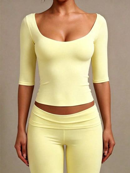 XLLAIS Sexy Sweetheart Neck Yoga Basic High Elasticity Naked Feel Short Sleeve Slim Fit Fitness Yellow Summer T-Shirt Top Casual
