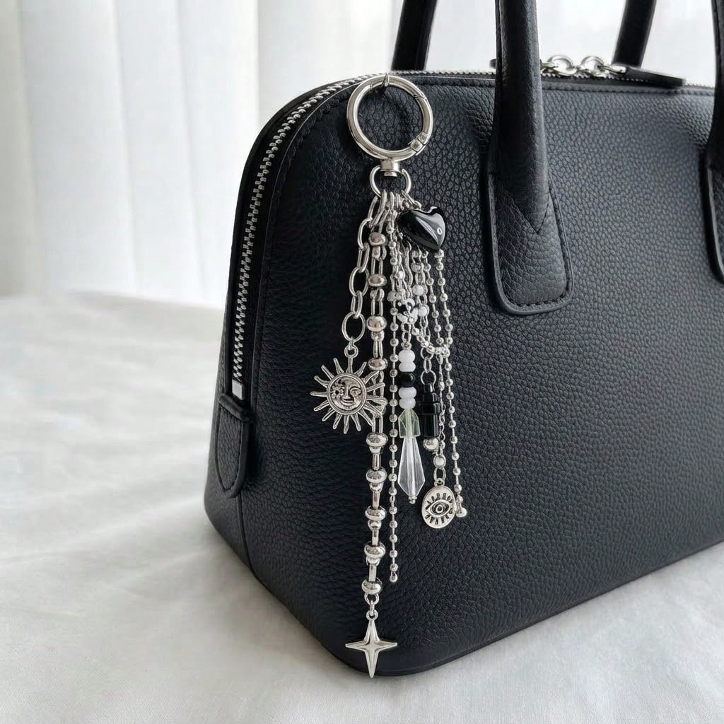 Y2K Cross & Sun Bag Charm Keychain, Vintage Metal Pendant, Punk Handbag Accessory