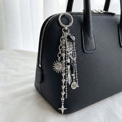 Y2K Cross & Sun Bag Charm Keychain, Vintage Metal Pendant, Punk Handbag Accessory