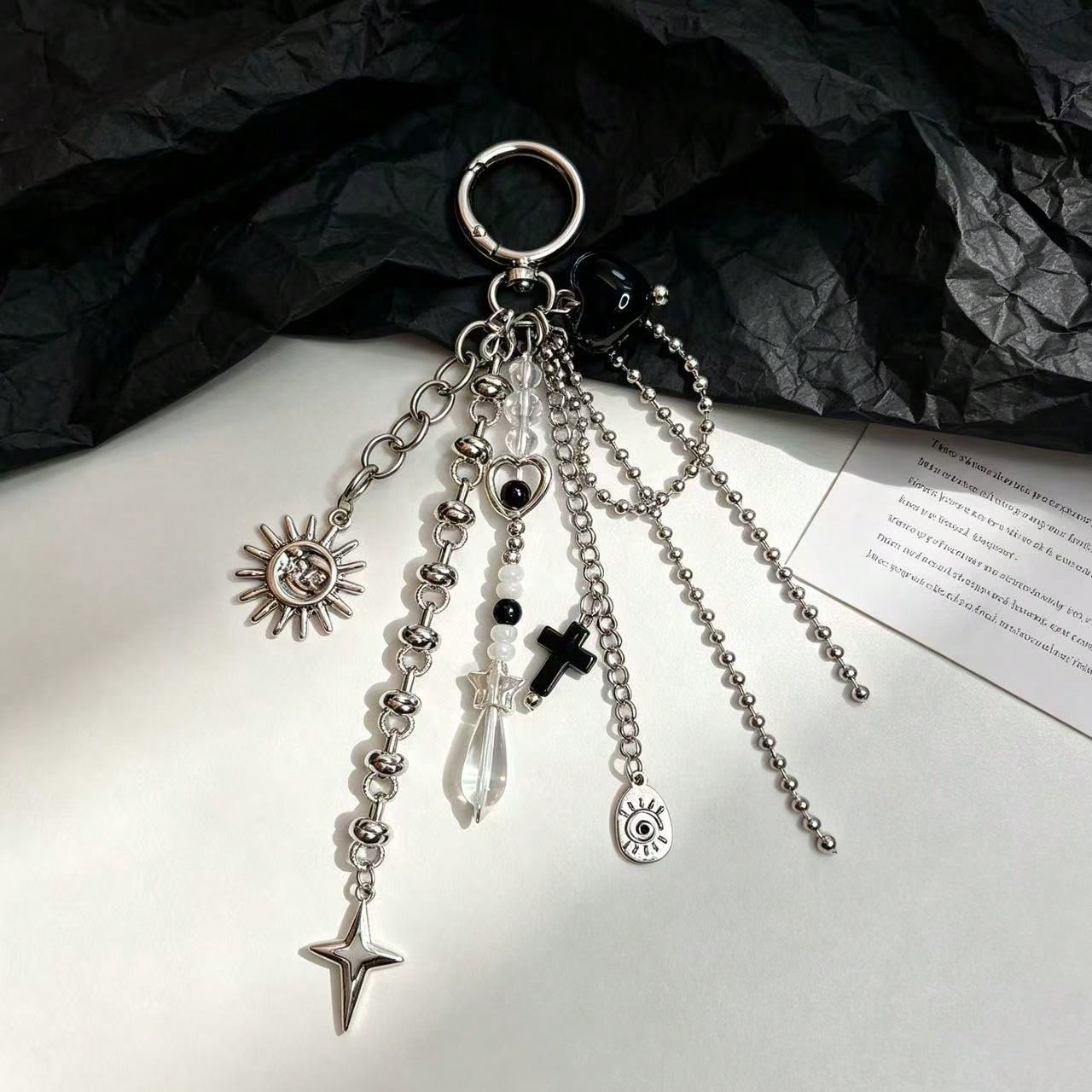 Y2K Cross & Sun Bag Charm Keychain, Vintage Metal Pendant, Punk Handbag Accessory