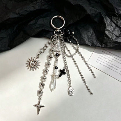 Y2K Cross & Sun Bag Charm Keychain, Vintage Metal Pendant, Punk Handbag Accessory