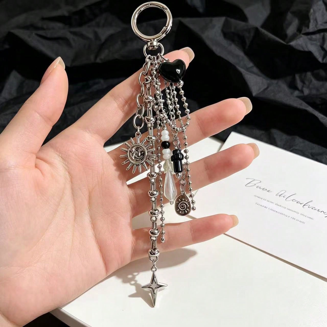 Y2K Cross & Sun Bag Charm Keychain, Vintage Metal Pendant, Punk Handbag Accessory