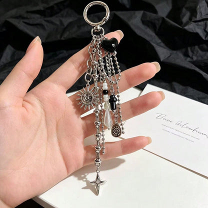 Y2K Cross & Sun Bag Charm Keychain, Vintage Metal Pendant, Punk Handbag Accessory