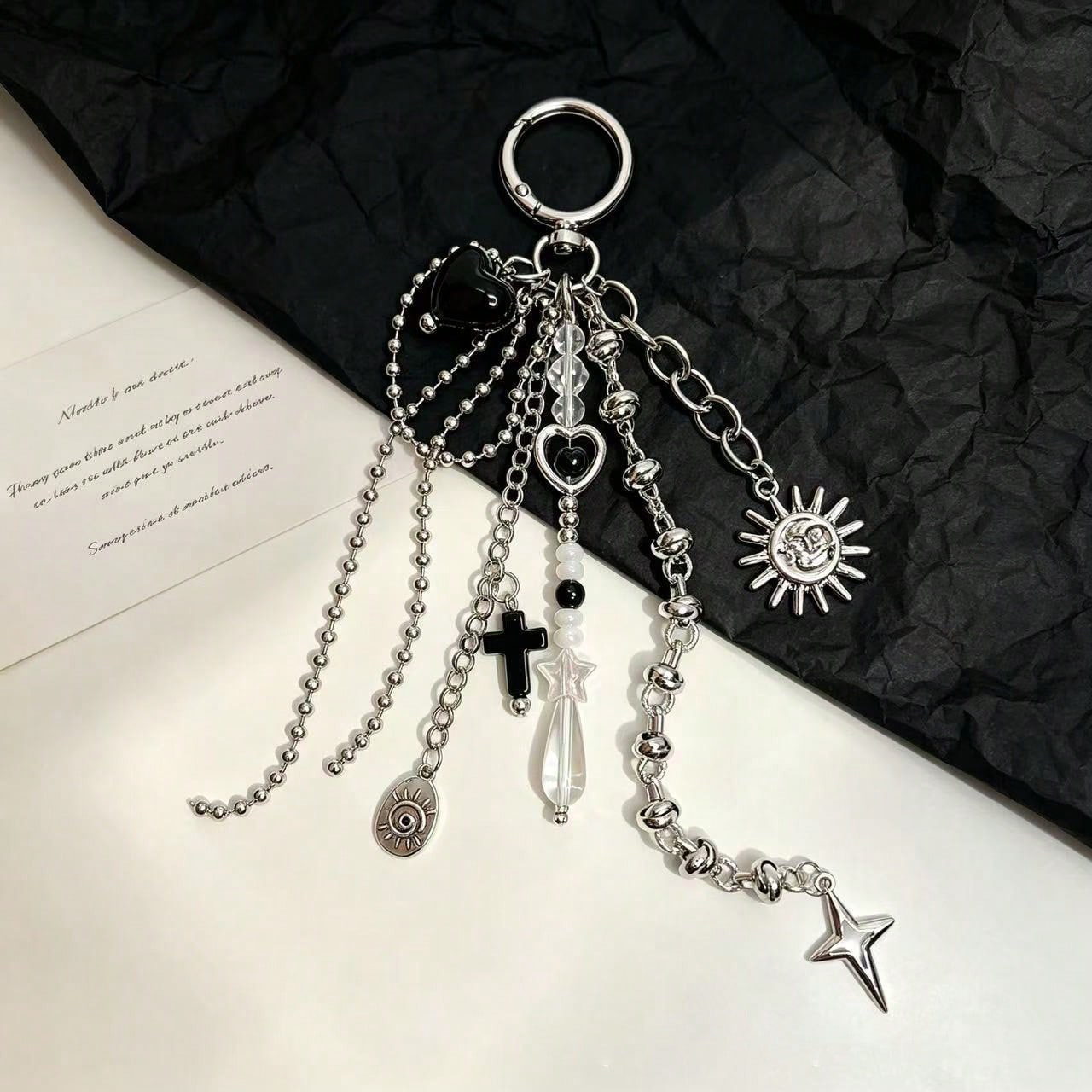 Y2K Cross & Sun Bag Charm Keychain, Vintage Metal Pendant, Punk Handbag Accessory