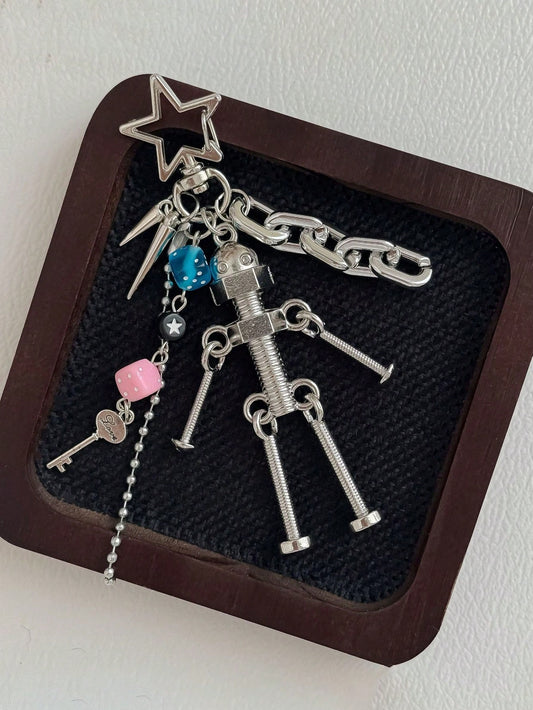 Y2K Cyberpunk Robot Bag Charm Metal Screw Doll Keychain Dice Pendant Punk Backpack Accessory For Women