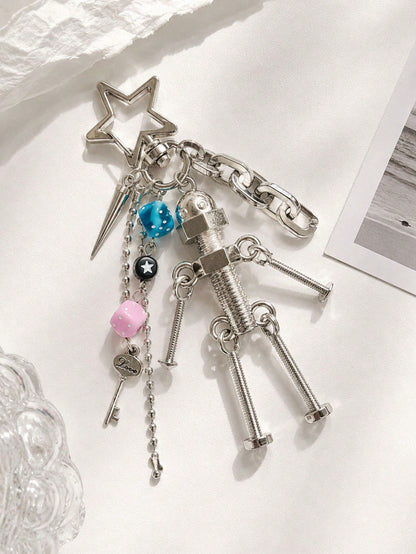 Y2K Cyberpunk Robot Bag Charm Metal Screw Doll Keychain Dice Pendant Punk Backpack Accessory For Women