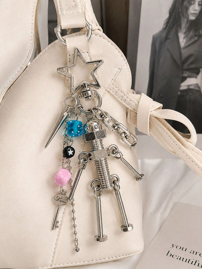 Y2K Cyberpunk Robot Bag Charm Metal Screw Doll Keychain Dice Pendant Punk Backpack Accessory For Women