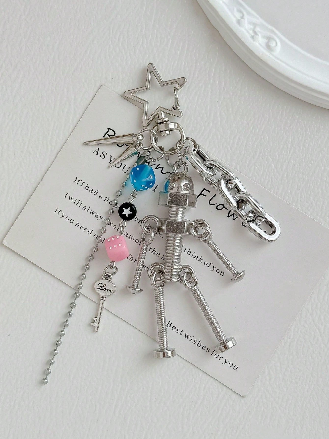 Y2K Cyberpunk Robot Bag Charm Metal Screw Doll Keychain Dice Pendant Punk Backpack Accessory For Women