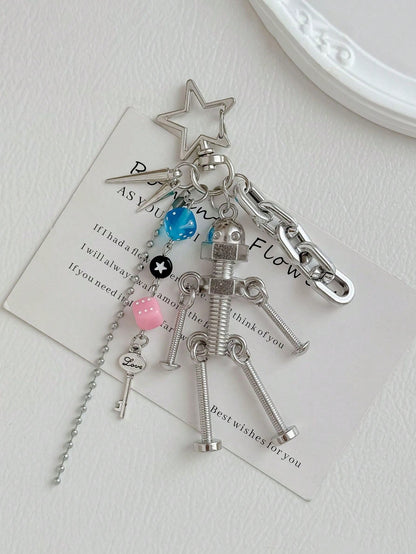 Y2K Cyberpunk Robot Bag Charm Metal Screw Doll Keychain Dice Pendant Punk Backpack Accessory For Women