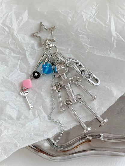 Y2K Cyberpunk Robot Bag Charm Metal Screw Doll Keychain Dice Pendant Punk Backpack Accessory For Women