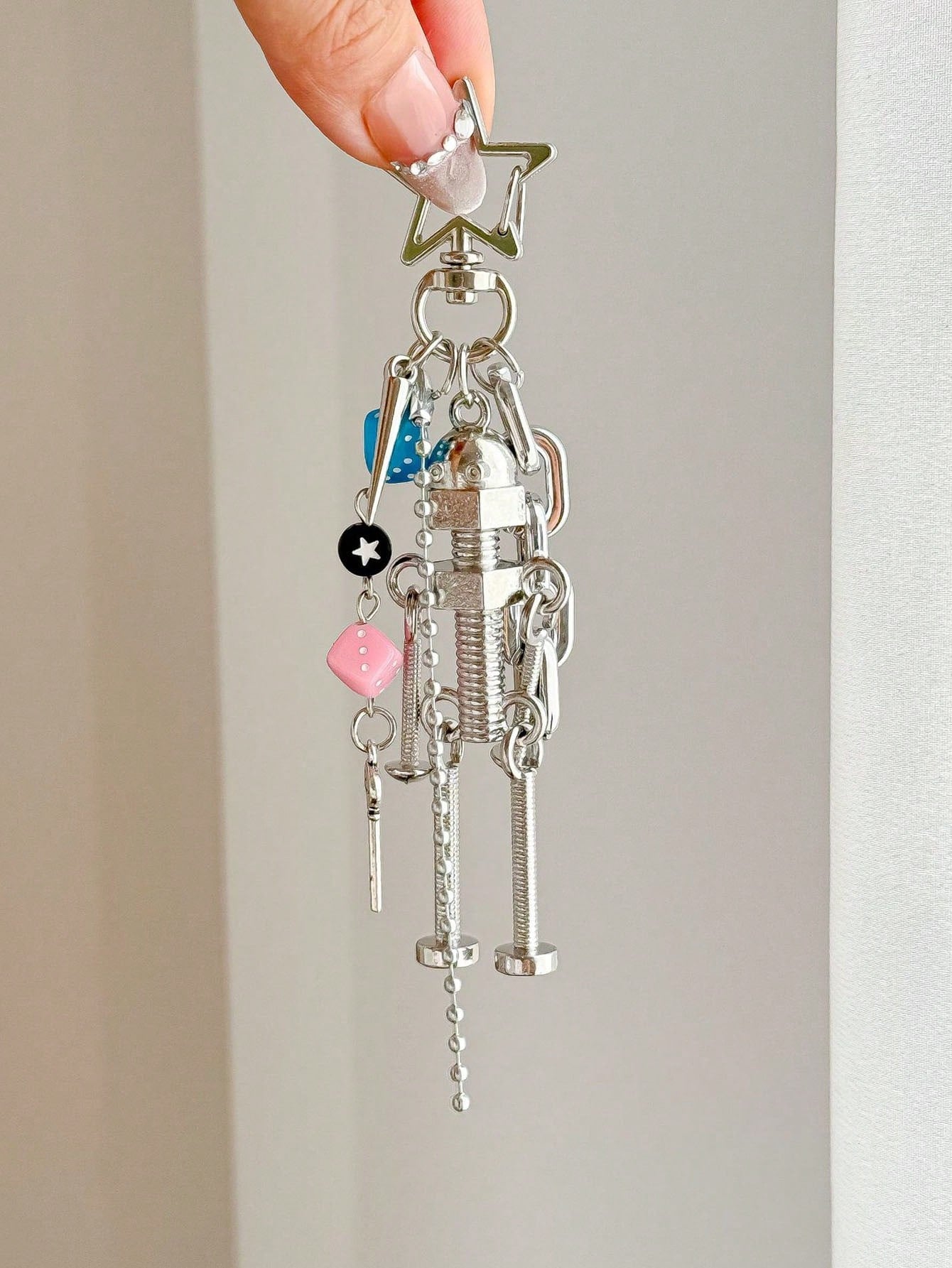 Y2K Cyberpunk Robot Bag Charm Metal Screw Doll Keychain Dice Pendant Punk Backpack Accessory For Women