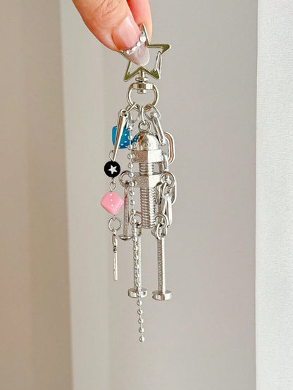 Y2K Cyberpunk Robot Bag Charm Metal Screw Doll Keychain Dice Pendant Punk Backpack Accessory For Women