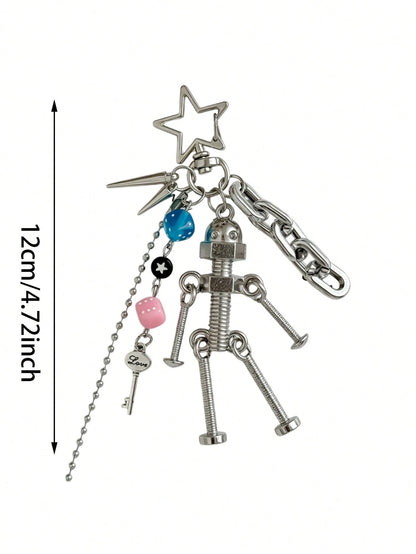 Y2K Cyberpunk Robot Bag Charm Metal Screw Doll Keychain Dice Pendant Punk Backpack Accessory For Women