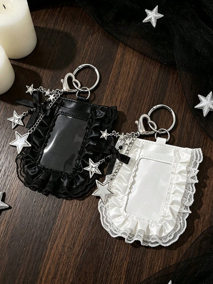 Y2K Lace Trim Card Holder With Star Pendant, Cute Bow ID Card Holder, Small Card Protector, Gothic Style Photo Card Holder, Mini Card Holder Pendant, Fashionable Portable ID Card Holder, Idol Card Sto