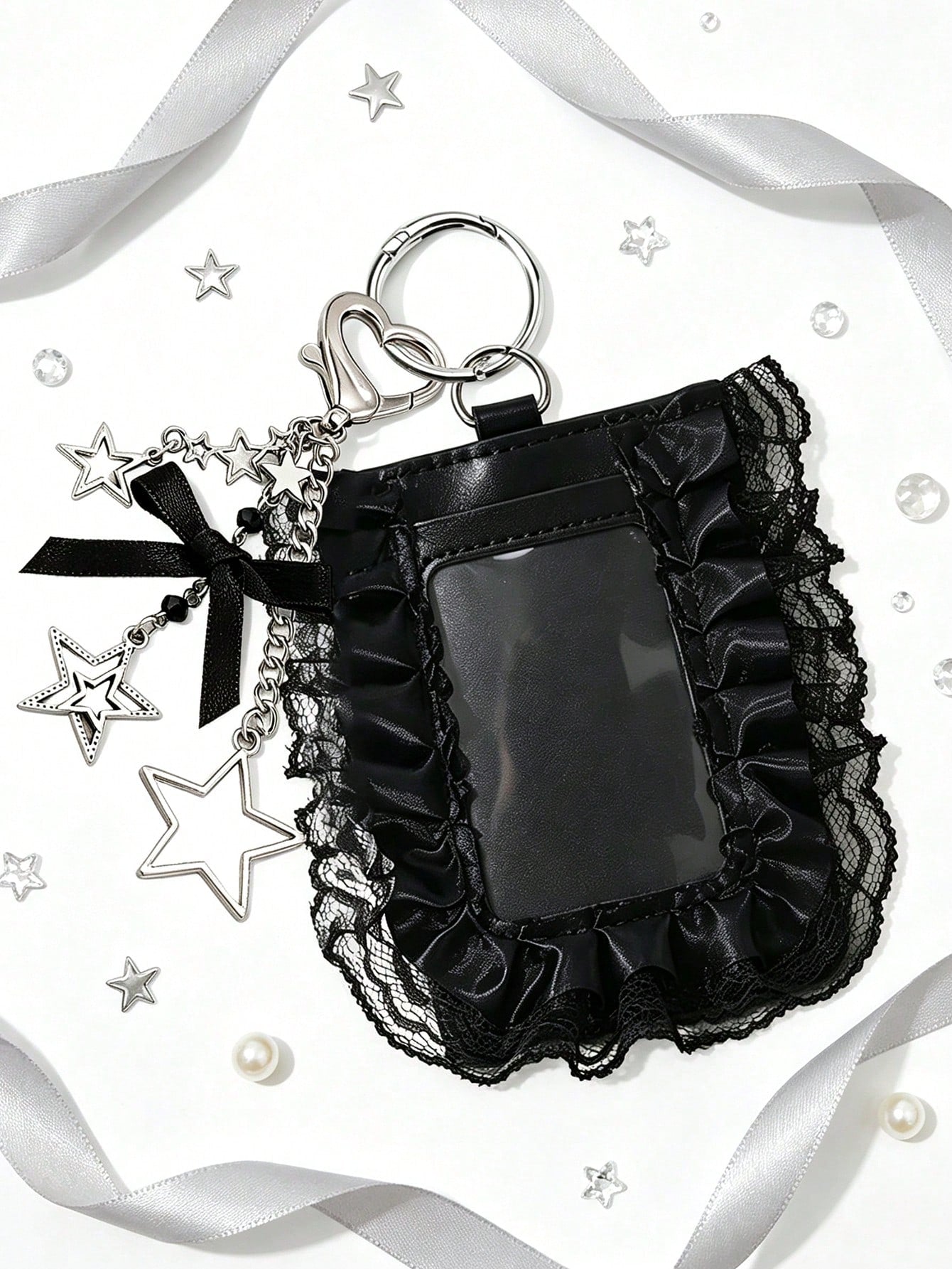 Y2K Lace Trim Card Holder With Star Pendant, Cute Bow ID Card Holder, Small Card Protector, Gothic Style Photo Card Holder, Mini Card Holder Pendant, Fashionable Portable ID Card Holder, Idol Card Sto