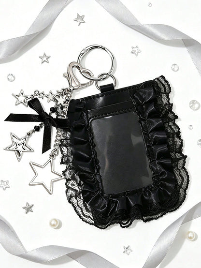 Y2K Lace Trim Card Holder With Star Pendant, Cute Bow ID Card Holder, Small Card Protector, Gothic Style Photo Card Holder, Mini Card Holder Pendant, Fashionable Portable ID Card Holder, Idol Card Sto