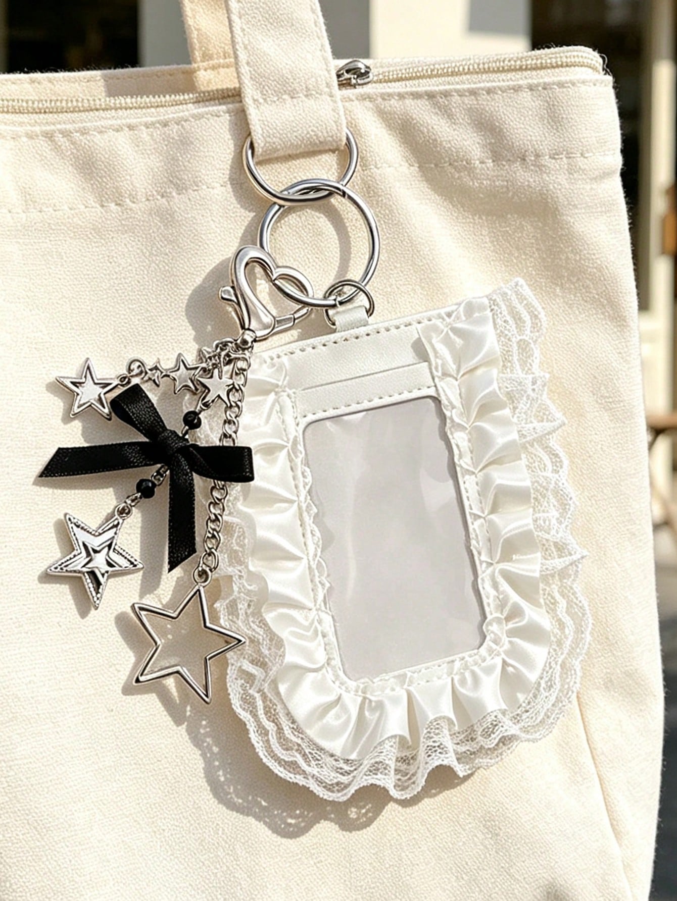 Y2K Lace Trim Card Holder With Star Pendant, Cute Bow ID Card Holder, Small Card Protector, Gothic Style Photo Card Holder, Mini Card Holder Pendant, Fashionable Portable ID Card Holder, Idol Card Sto