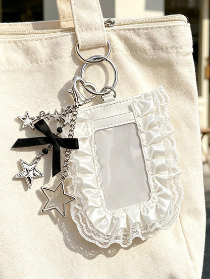 Y2K Lace Trim Card Holder With Star Pendant, Cute Bow ID Card Holder, Small Card Protector, Gothic Style Photo Card Holder, Mini Card Holder Pendant, Fashionable Portable ID Card Holder, Idol Card Sto