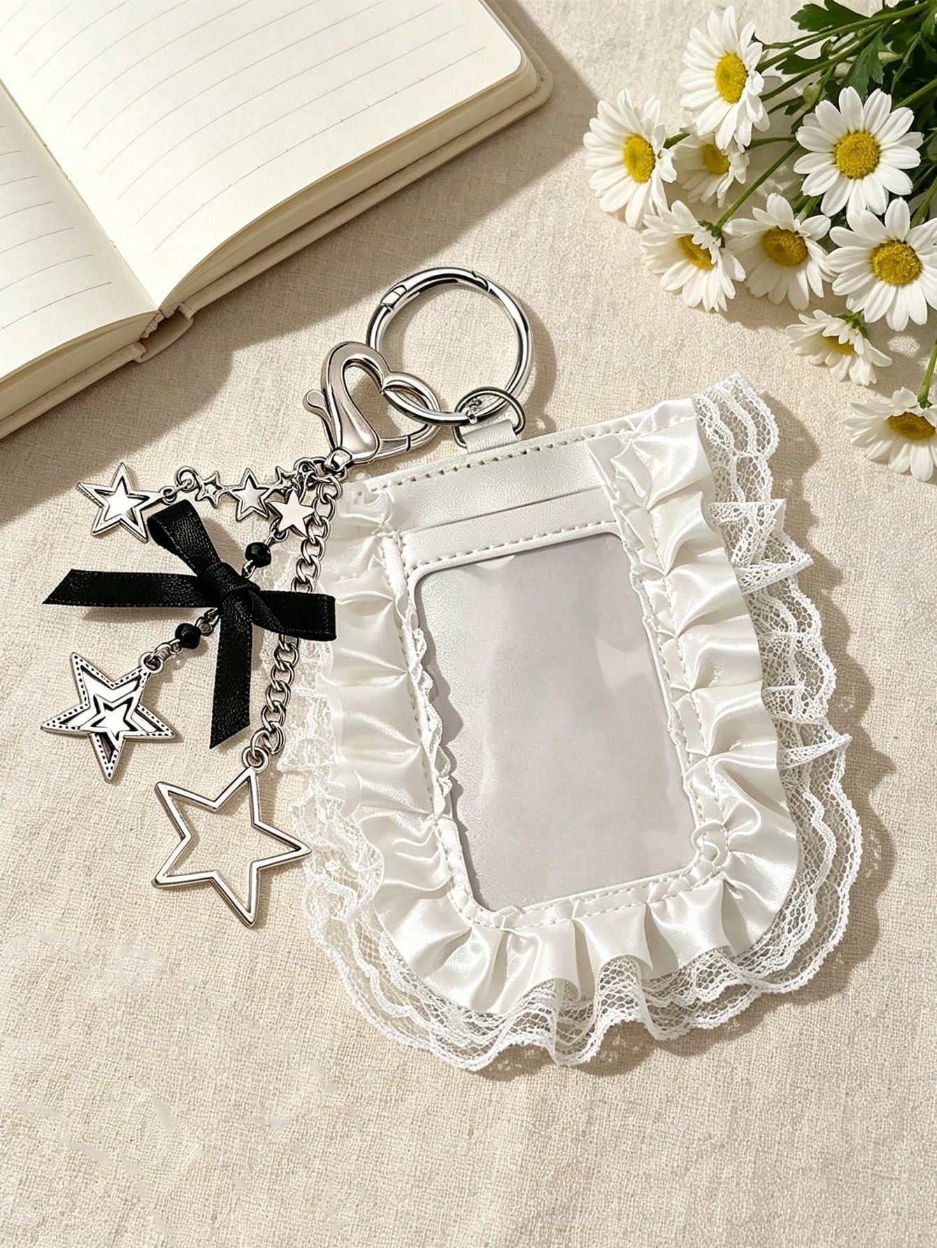 Y2K Lace Trim Card Holder With Star Pendant, Cute Bow ID Card Holder, Small Card Protector, Gothic Style Photo Card Holder, Mini Card Holder Pendant, Fashionable Portable ID Card Holder, Idol Card Sto