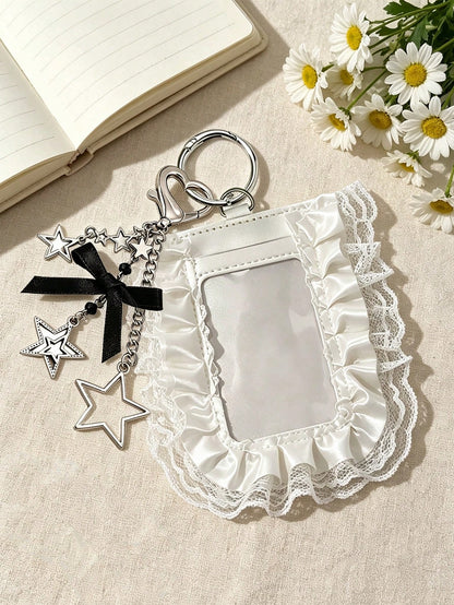 Y2K Lace Trim Card Holder With Star Pendant, Cute Bow ID Card Holder, Small Card Protector, Gothic Style Photo Card Holder, Mini Card Holder Pendant, Fashionable Portable ID Card Holder, Idol Card Sto