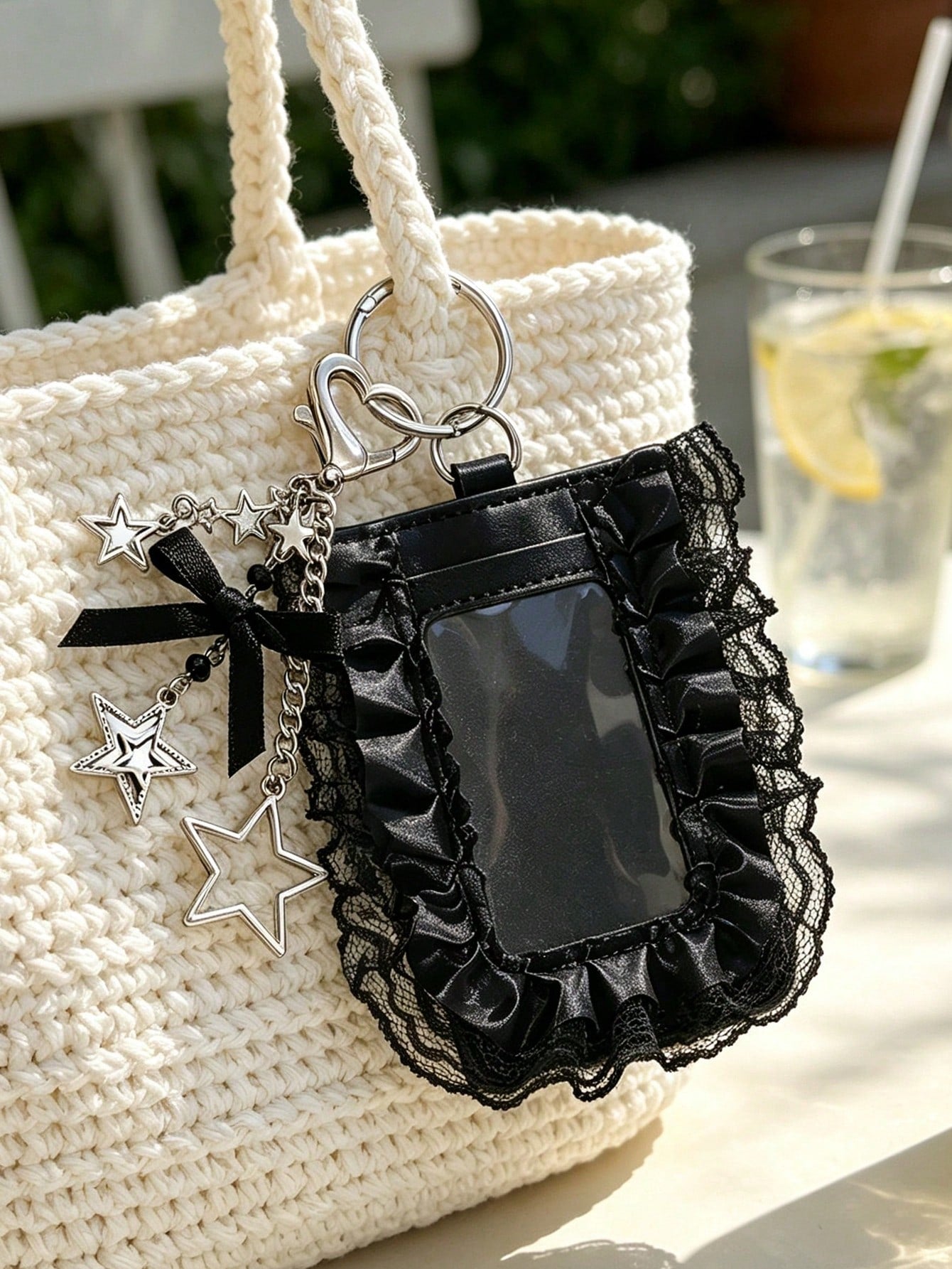Y2K Lace Trim Card Holder With Star Pendant, Cute Bow ID Card Holder, Small Card Protector, Gothic Style Photo Card Holder, Mini Card Holder Pendant, Fashionable Portable ID Card Holder, Idol Card Sto