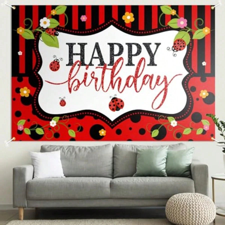 YLadybug Happy Birthday Backdrop BannerCute Ladybird Red And Black Polka Dots Decor Background Photo Booth Props For Girls Women Lady Bday Party Baby Shower Decoration.1