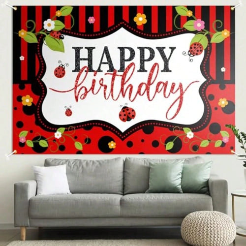 YLadybug Happy Birthday Backdrop BannerCute Ladybird Red And Black Polka Dots Decor Background Photo Booth Props For Girls Women Lady Bday Party Baby Shower Decoration.1