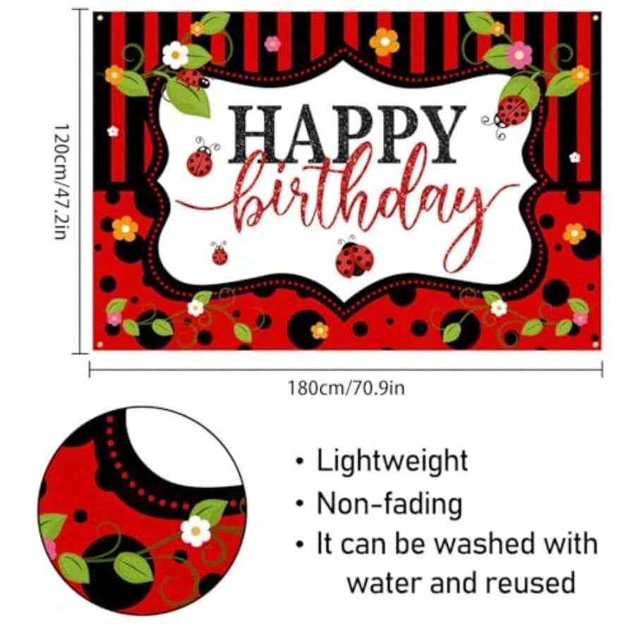YLadybug Happy Birthday Backdrop BannerCute Ladybird Red And Black Polka Dots Decor Background Photo Booth Props For Girls Women Lady Bday Party Baby Shower Decoration.1