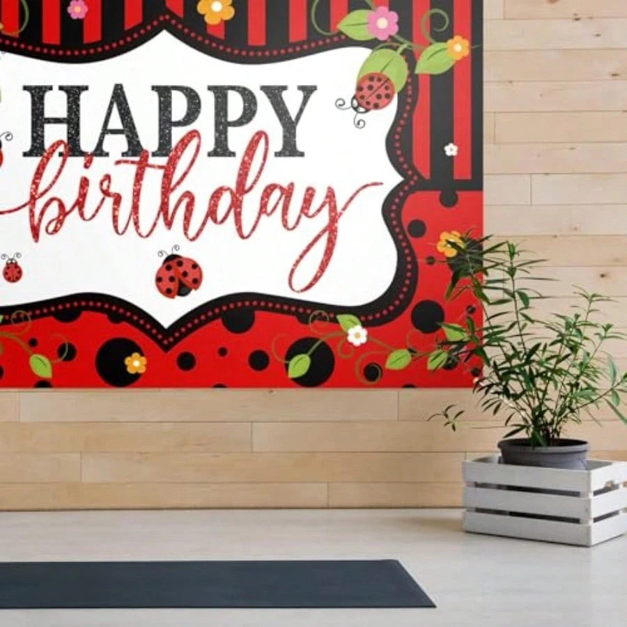 YLadybug Happy Birthday Backdrop BannerCute Ladybird Red And Black Polka Dots Decor Background Photo Booth Props For Girls Women Lady Bday Party Baby Shower Decoration.1