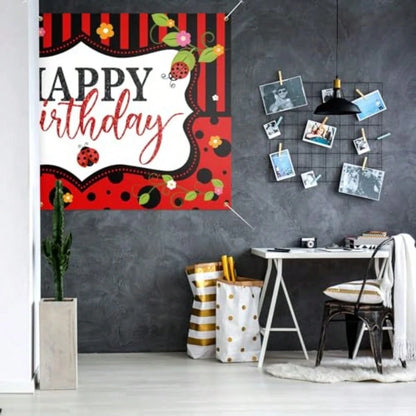YLadybug Happy Birthday Backdrop BannerCute Ladybird Red And Black Polka Dots Decor Background Photo Booth Props For Girls Women Lady Bday Party Baby Shower Decoration.1