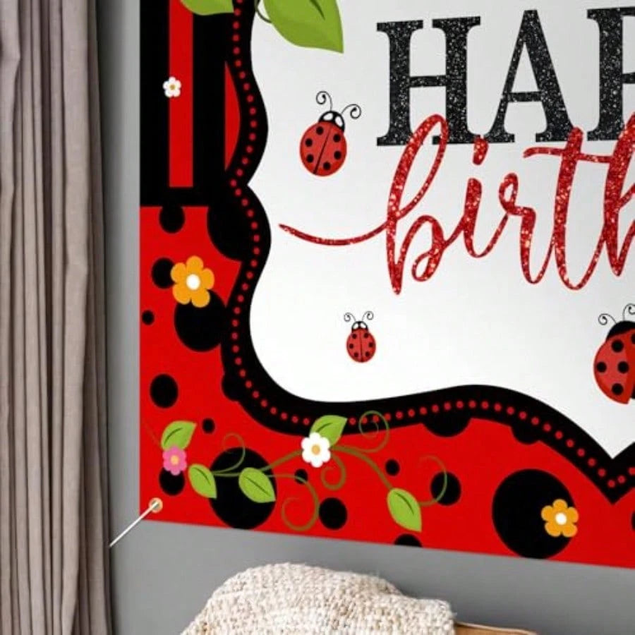 YLadybug Happy Birthday Backdrop BannerCute Ladybird Red And Black Polka Dots Decor Background Photo Booth Props For Girls Women Lady Bday Party Baby Shower Decoration.1