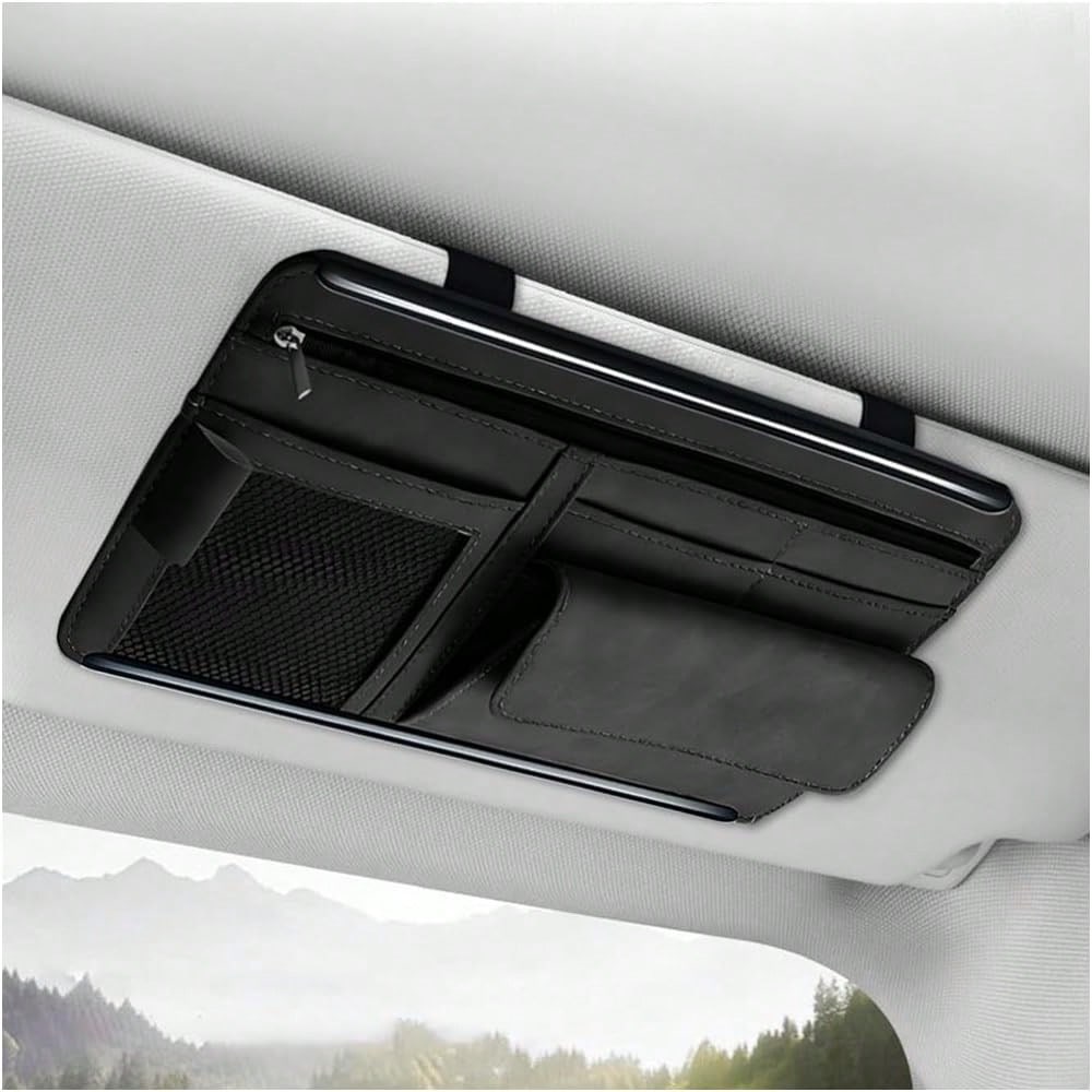 YTFRL Car Sun Visor Organizer, Soft Leather Vehicle Sunshade Glasses Storage Bag With Net Zipper, Automotive Multi-Pocket Organizer For Drive License Card Glasses Document (Black)