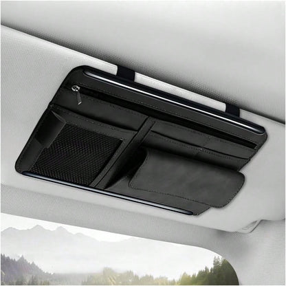 YTFRL Car Sun Visor Organizer, Soft Leather Vehicle Sunshade Glasses Storage Bag With Net Zipper, Automotive Multi-Pocket Organizer For Drive License Card Glasses Document (Black)