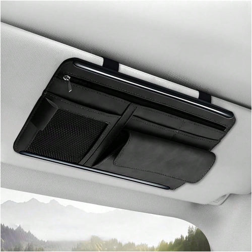 YTFRL Car Sun Visor Organizer, Soft Leather Vehicle Sunshade Glasses Storage Bag With Net Zipper, Automotive Multi-Pocket Organizer For Drive License Card Glasses Document (Black)
