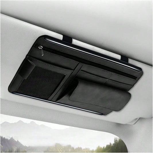 YTFRL Car Sun Visor Organizer, Soft Leather Vehicle Sunshade Glasses Storage Bag With Net Zipper, Automotive Multi-Pocket Organizer For Drive License Card Glasses Document (Black)