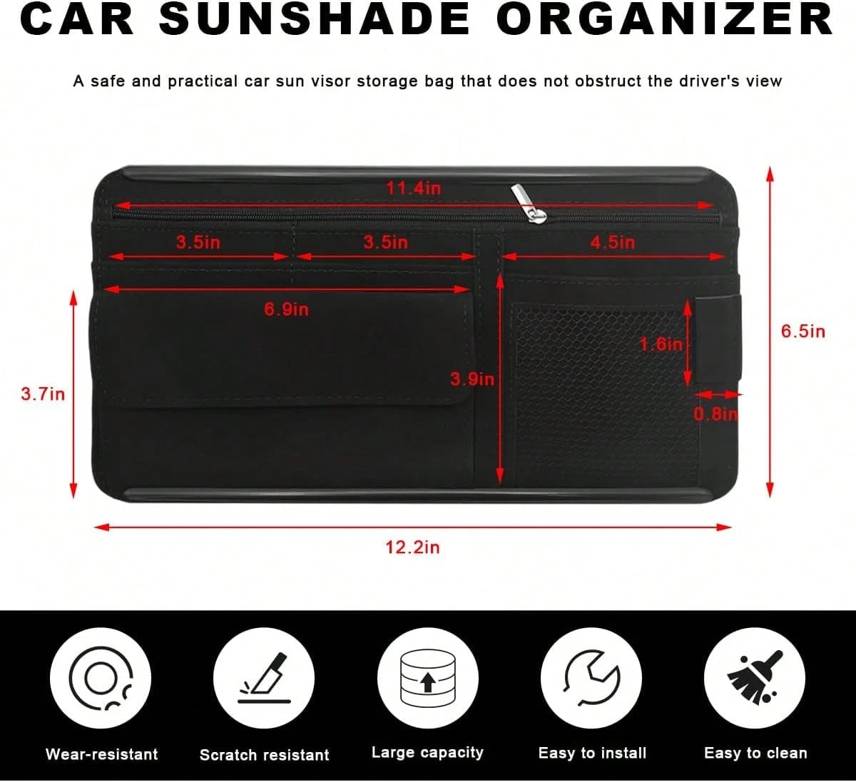 YTFRL Car Sun Visor Organizer, Soft Leather Vehicle Sunshade Glasses Storage Bag With Net Zipper, Automotive Multi-Pocket Organizer For Drive License Card Glasses Document (Black)